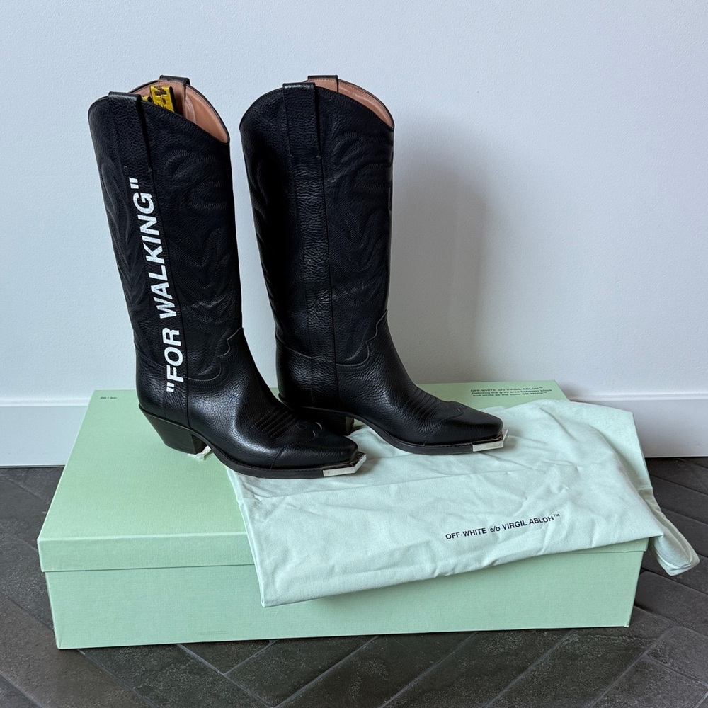 Off-White Black Cowboy Boots with Text Detail